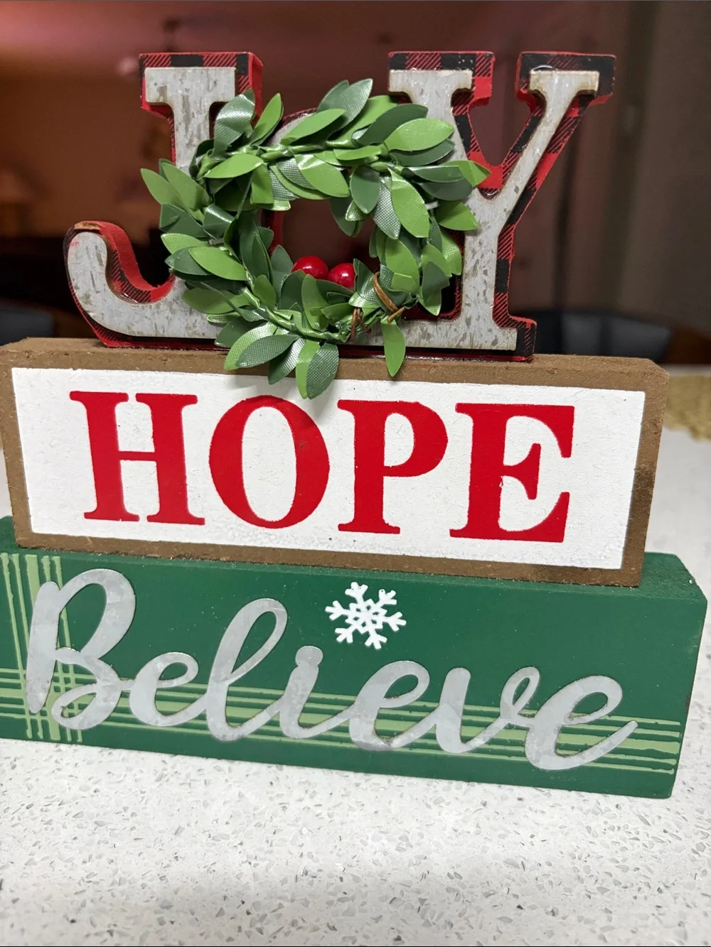 Holiday 'Joy Hope Believe' Wooden Stacked Sign - Green, Red, White